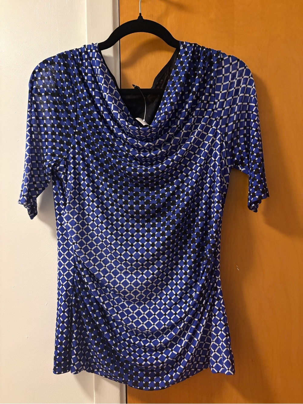 Cable & Gauge Royal Blue and White Geometric Cowl Neck Blouse